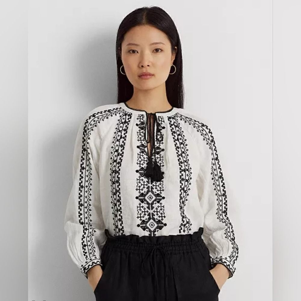Lauren Ralph Lauren Embroidered Beaded Linen Blouse, Boho Cottagecore | PL - Picture 3 of 14